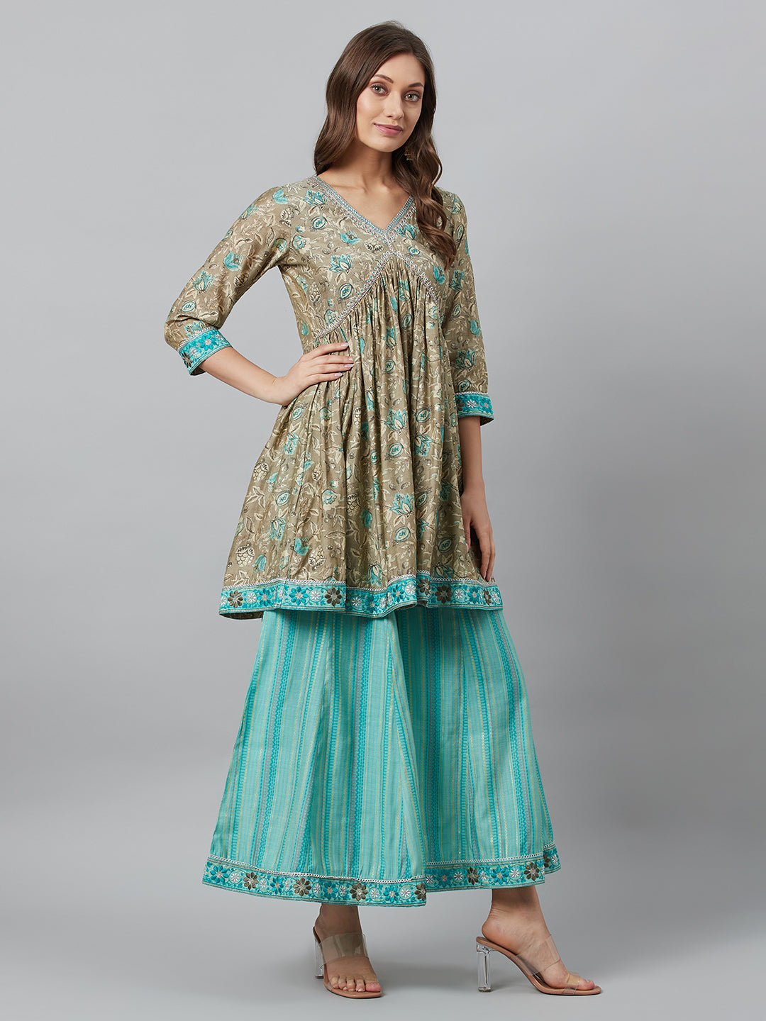Beige Printed Kurta Palazzo With Dupatta - Elganza
