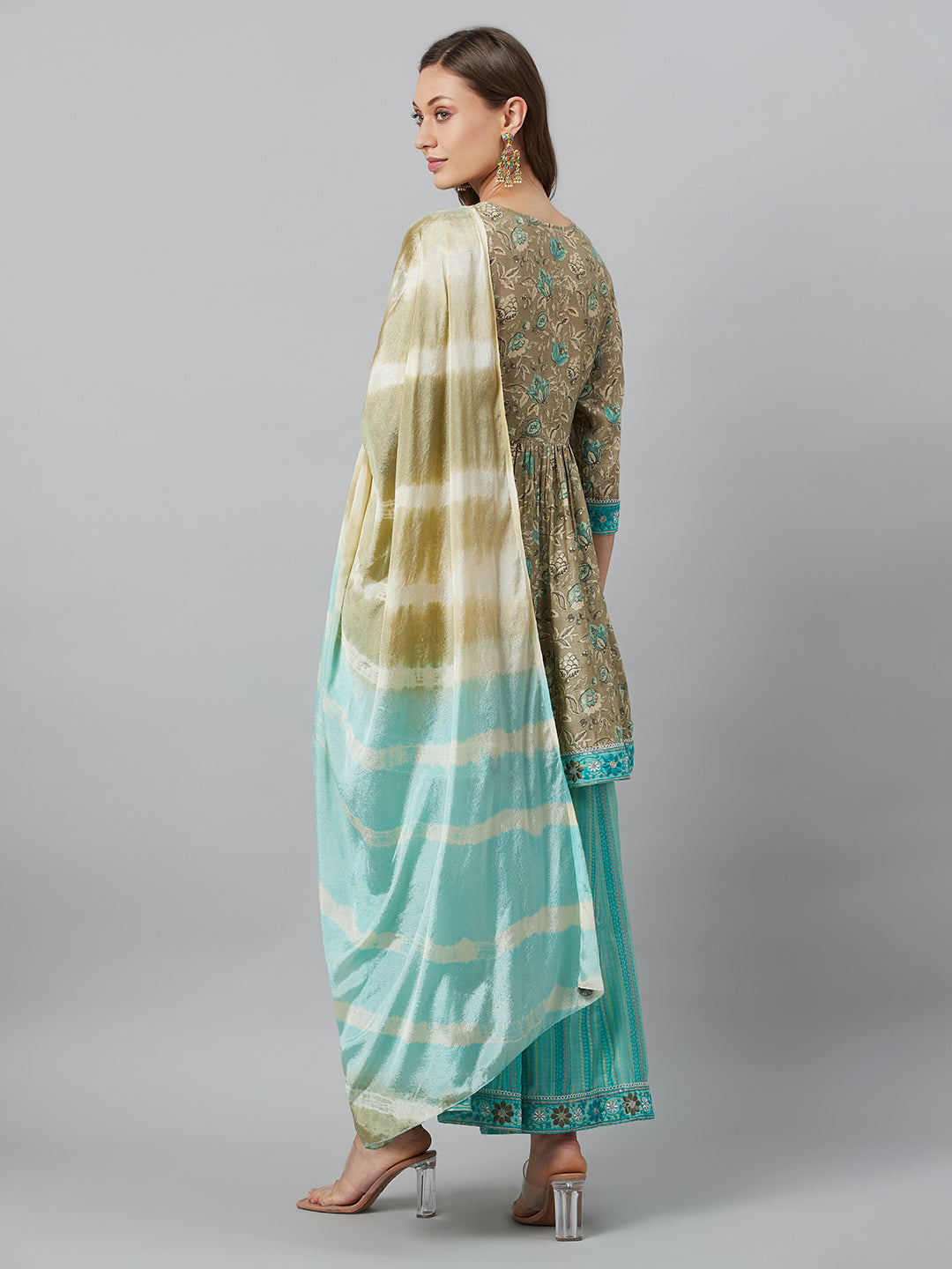 Beige Printed Kurta Palazzo With Dupatta - Elganza