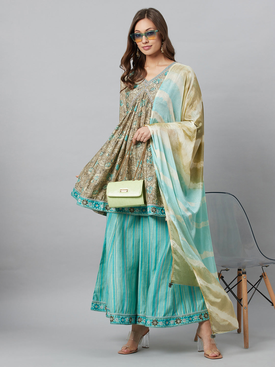 Beige Printed Kurta Palazzo With Dupatta - Elganza