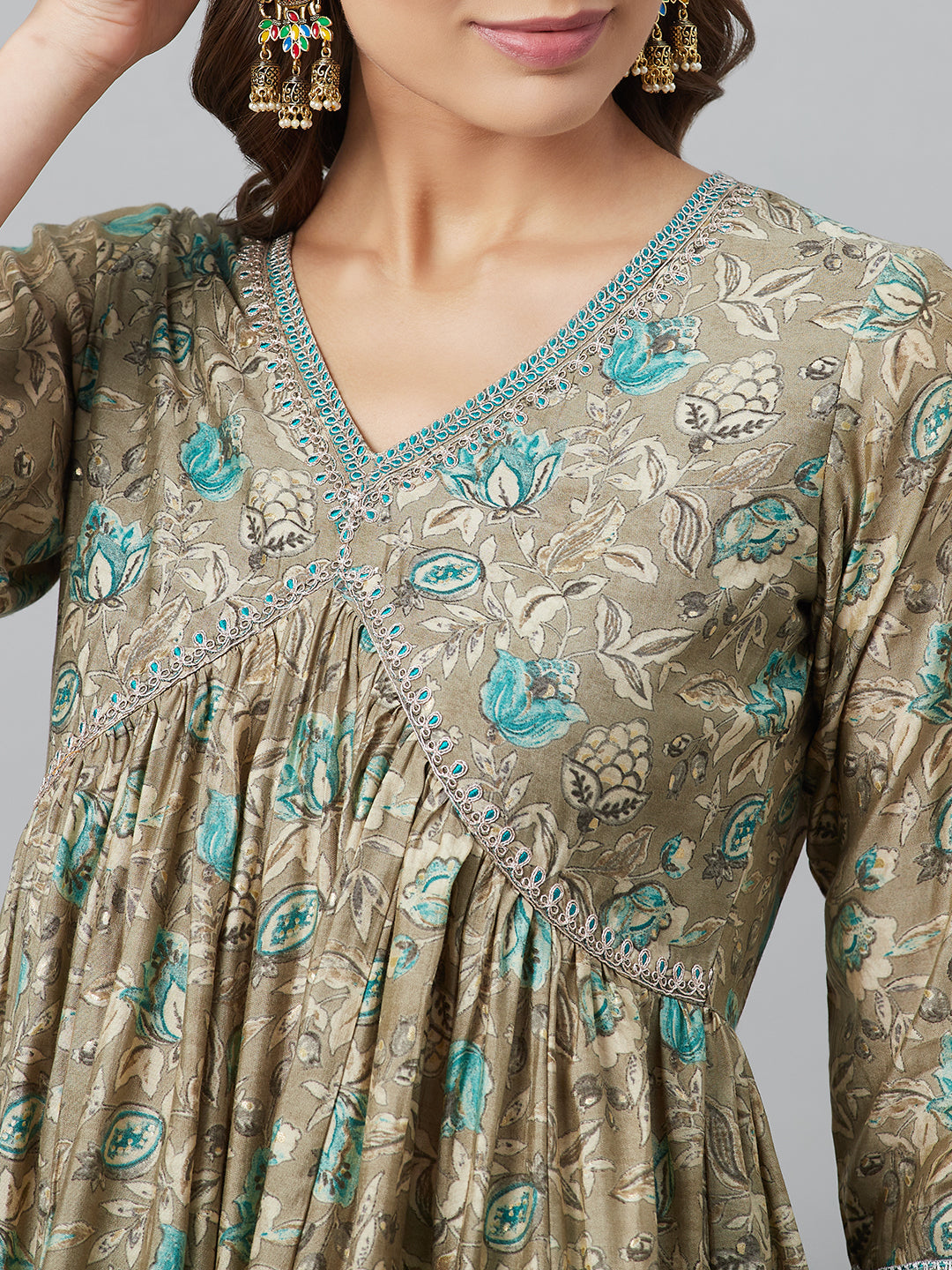 Beige Printed Kurta Palazzo With Dupatta - Elganza
