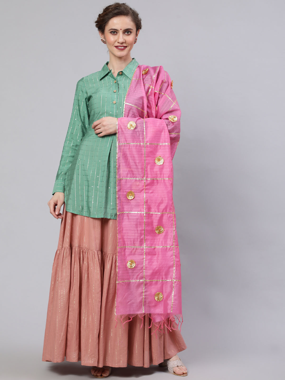 Green & Pink Sequin Lehenga Choli With Dupatta - Elganza