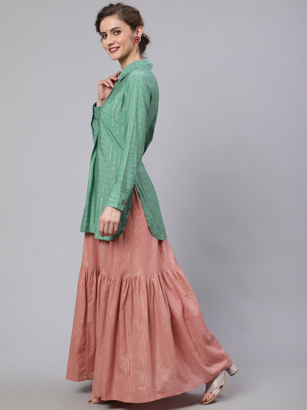 Green & Pink Sequin Lehenga Choli With Dupatta - Elganza