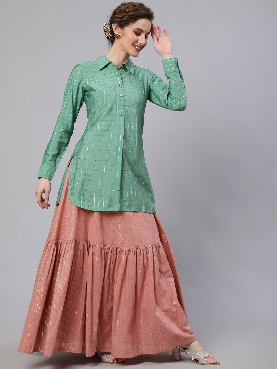 Green & Pink Sequin Lehenga Choli With Dupatta - Elganza