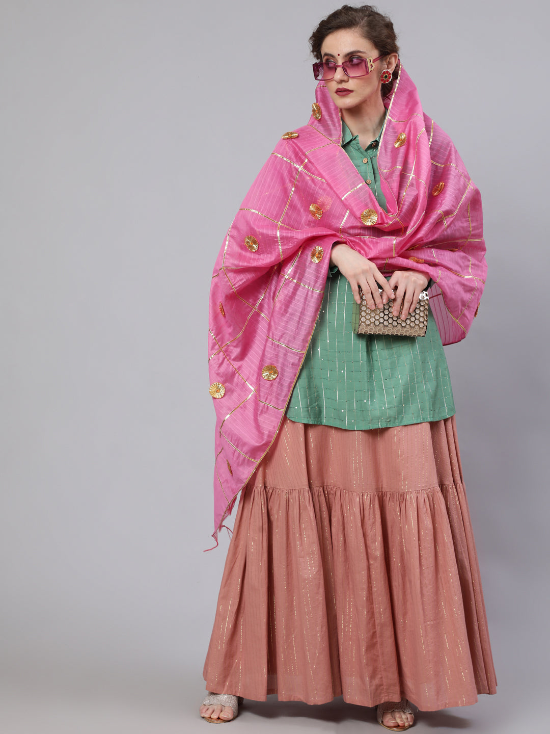 Green & Pink Sequin Lehenga Choli With Dupatta - Elganza