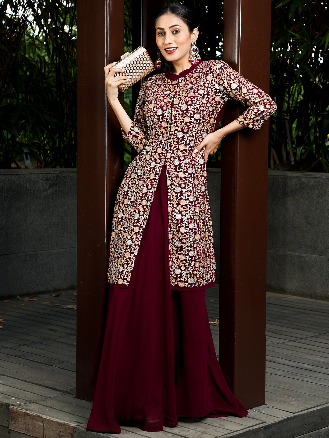 Wine Floral Embroidered Kurta With Skirt - Elganza