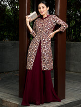 Wine Floral Embroidered Kurta With Skirt - Elganza