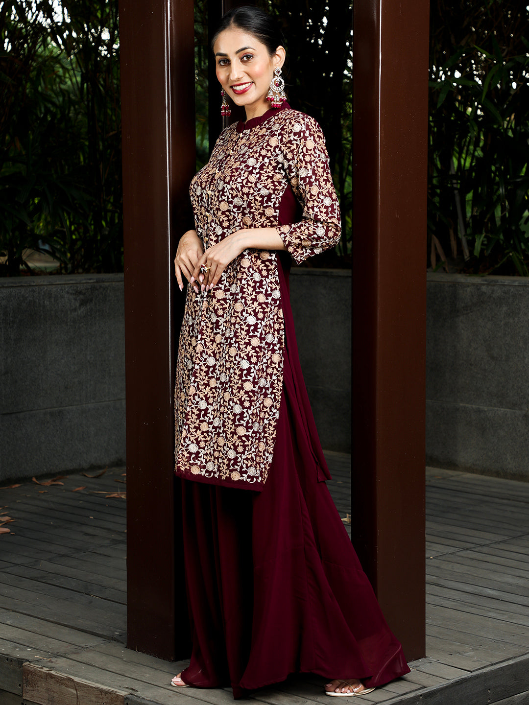 Wine Floral Embroidered Kurta With Skirt - Elganza