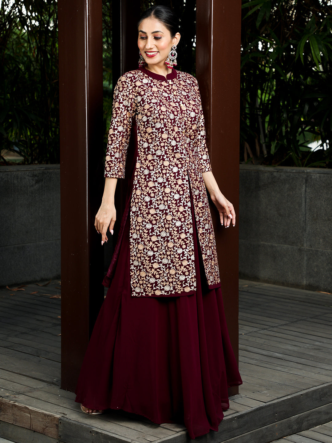 Wine Floral Embroidered Kurta With Skirt - Elganza