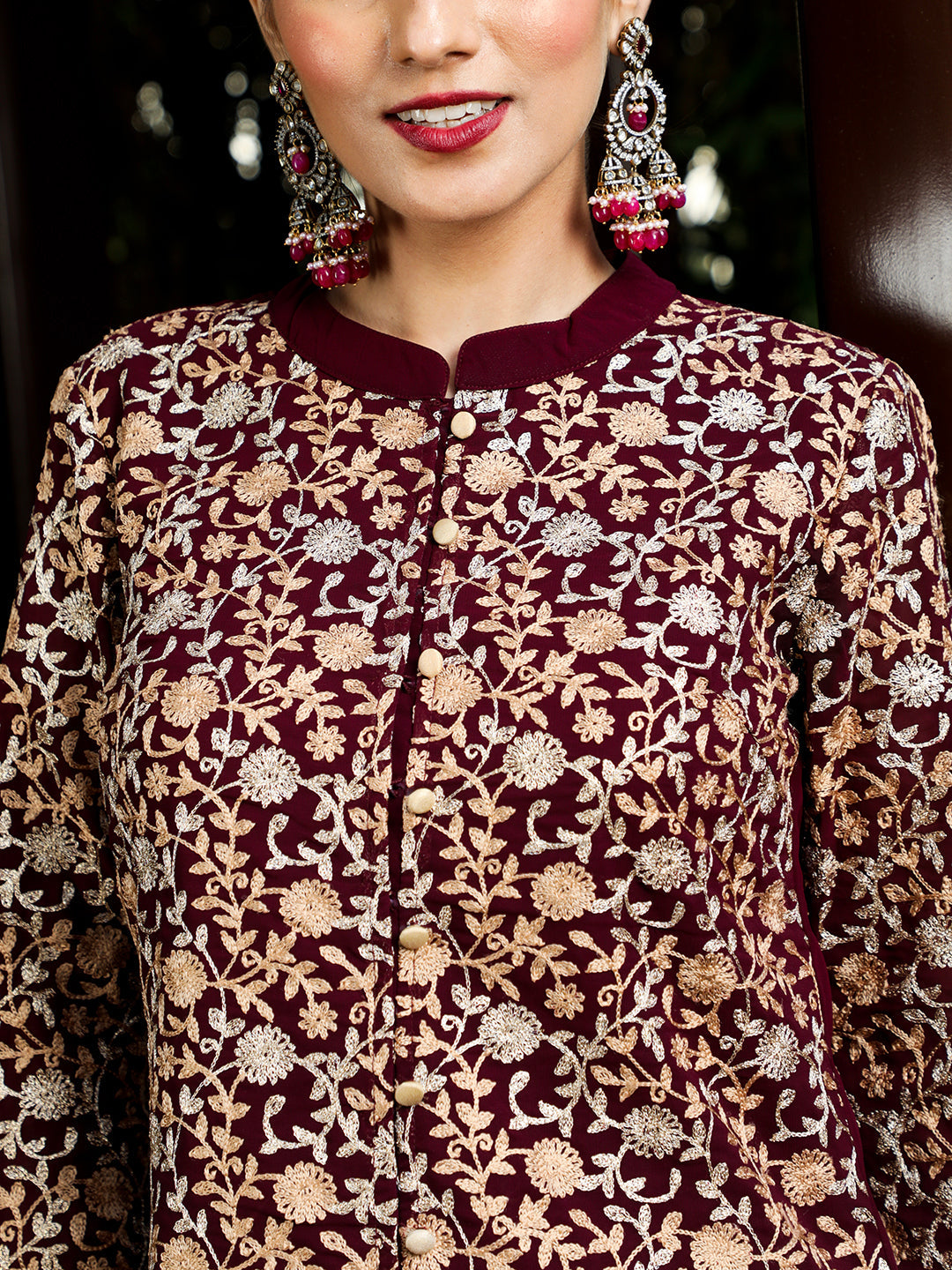 Wine Floral Embroidered Kurta With Skirt - Elganza
