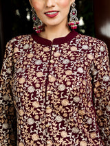 Wine Floral Embroidered Kurta With Skirt - Elganza