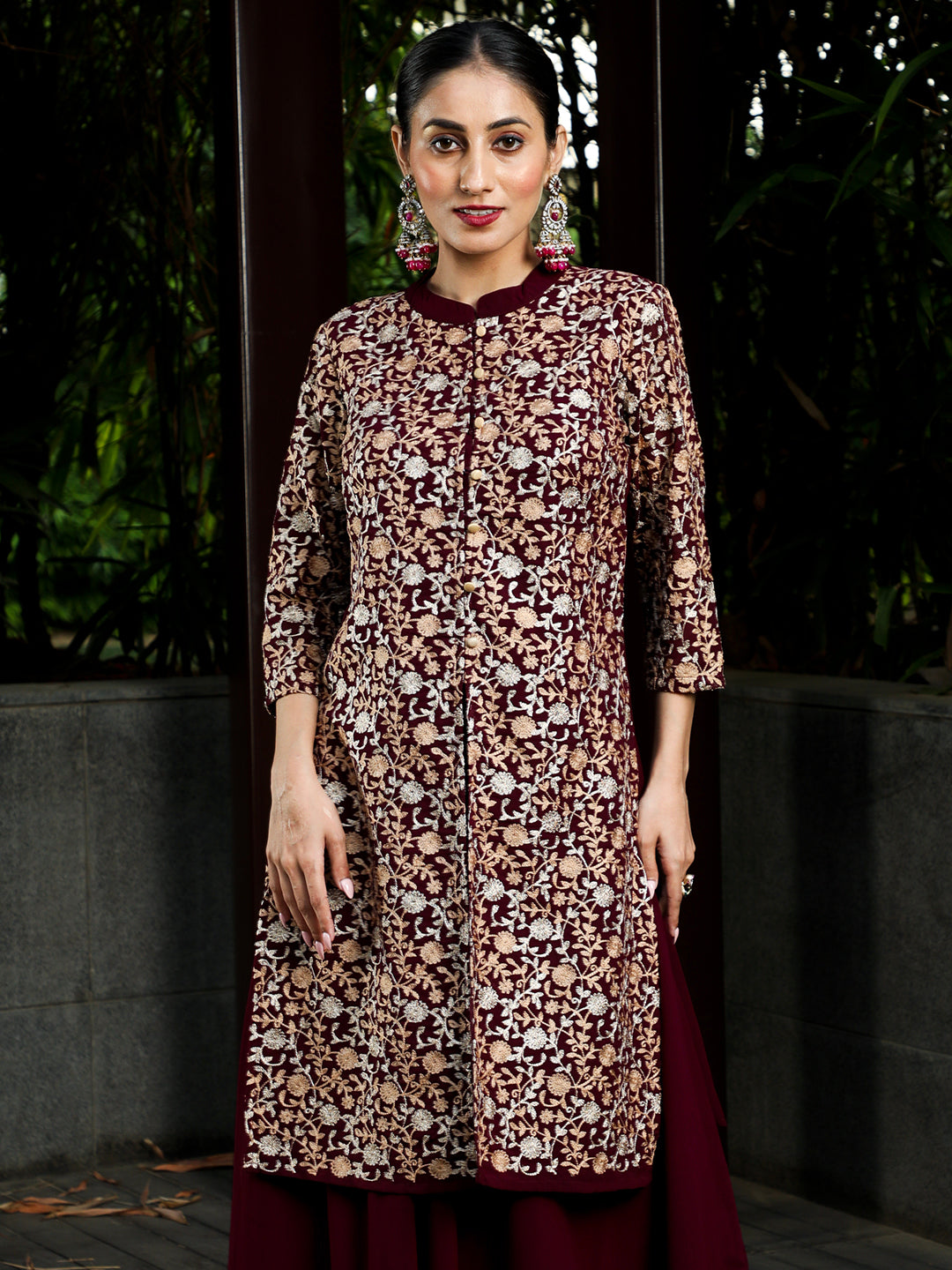 Wine Floral Embroidered Kurta With Skirt - Elganza