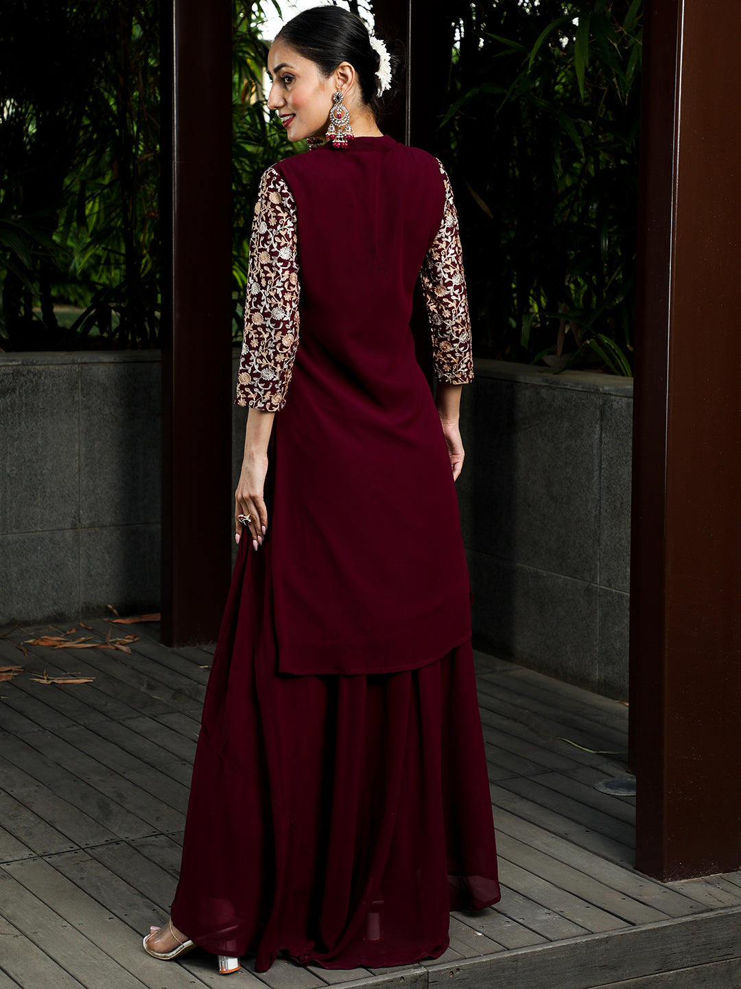 Wine Floral Embroidered Kurta With Skirt - Elganza