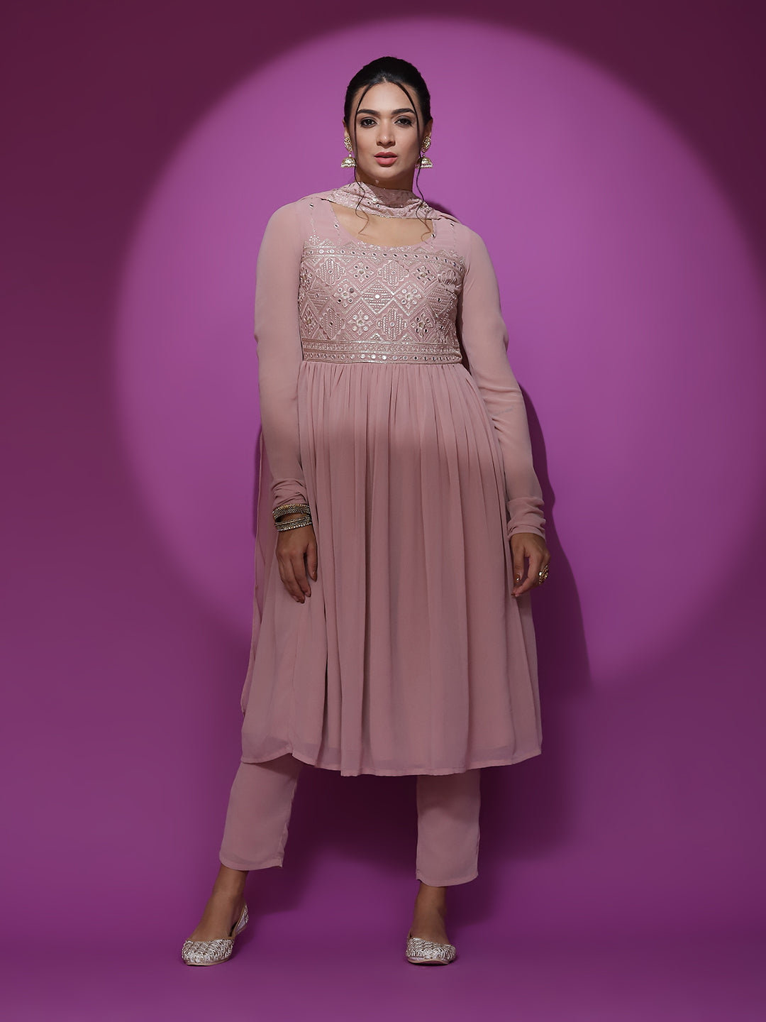 Pink Mirror Work Anarkali Pant With Dupatta - Elganza