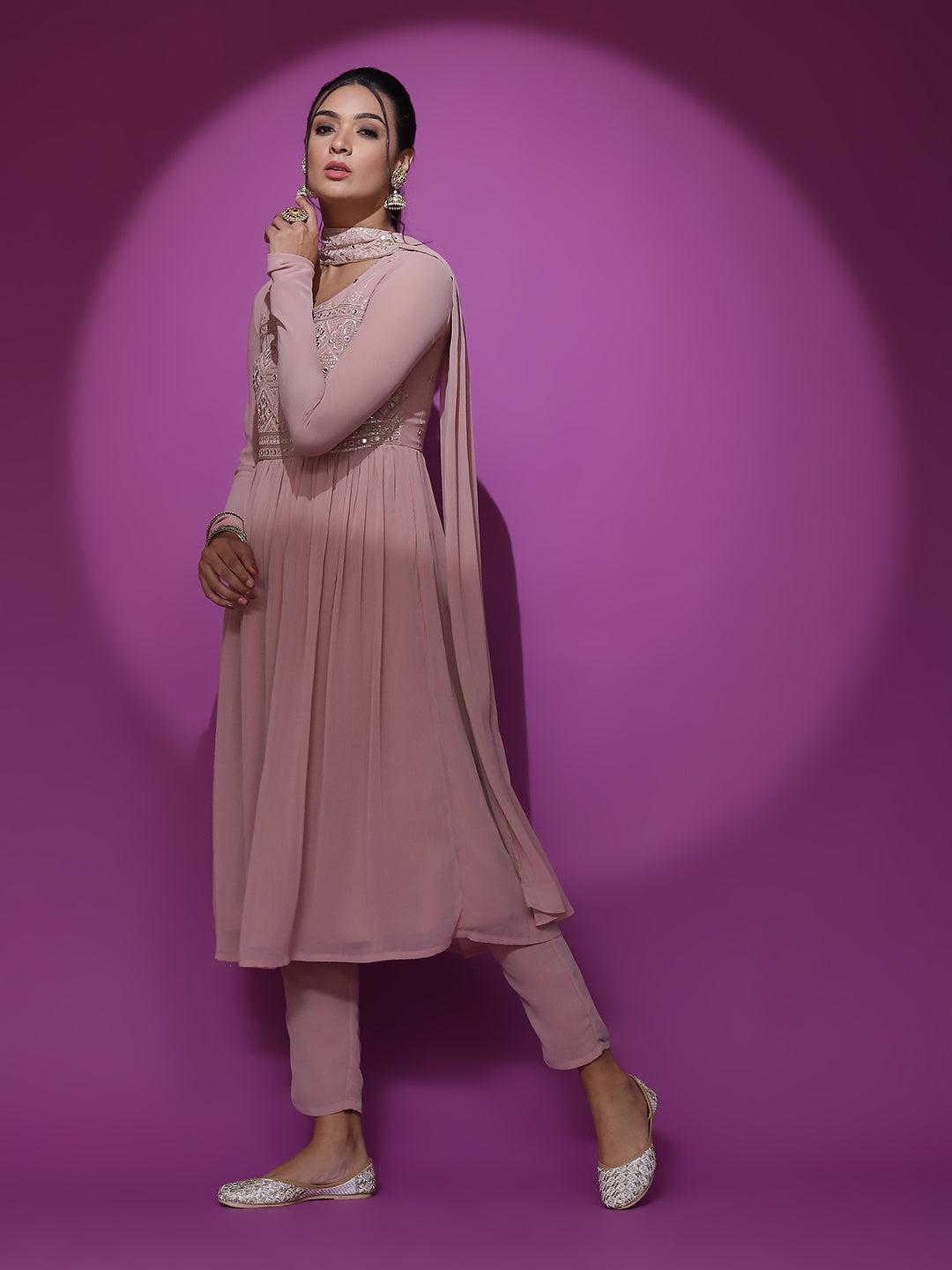 Pink Mirror Work Anarkali Pant With Dupatta - Elganza