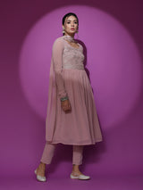 Pink Mirror Work Anarkali Pant With Dupatta - Elganza