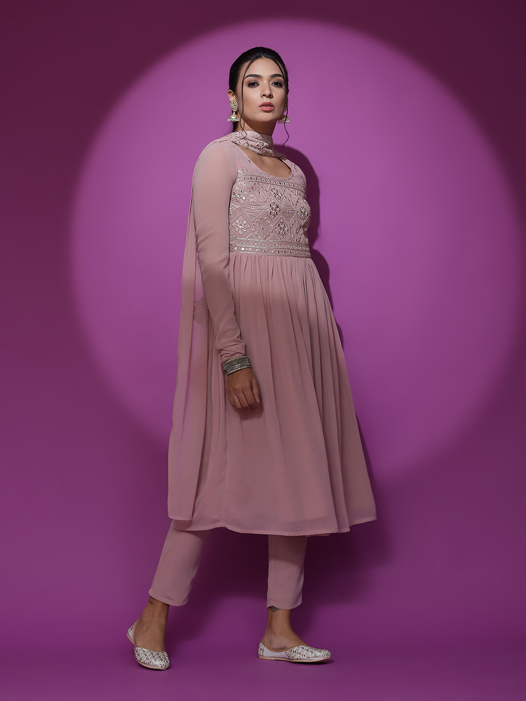Pink Mirror Work Anarkali Pant With Dupatta - Elganza