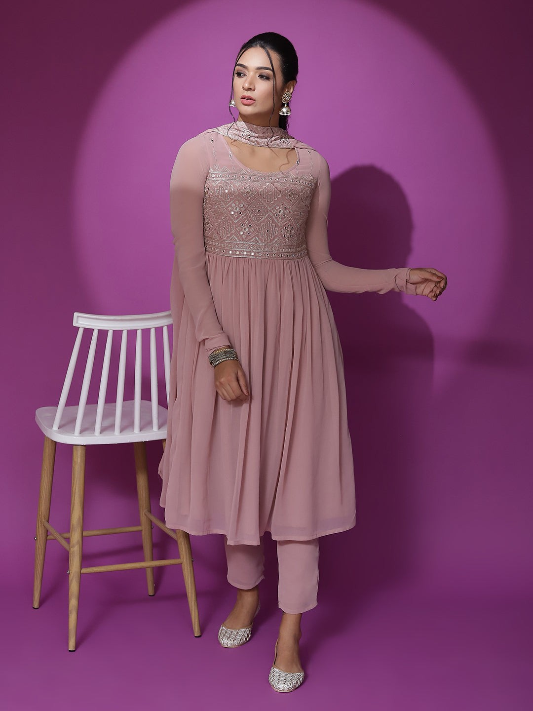 Pink Mirror Work Anarkali Pant With Dupatta - Elganza