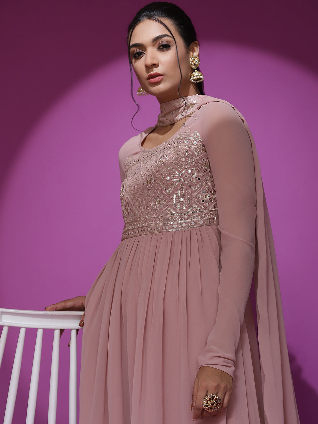 Pink Mirror Work Anarkali Pant With Dupatta - Elganza