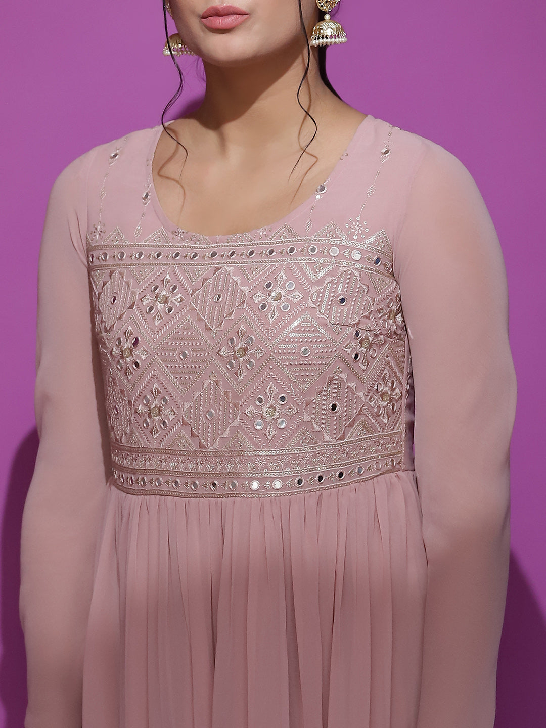 Pink Mirror Work Anarkali Pant With Dupatta - Elganza