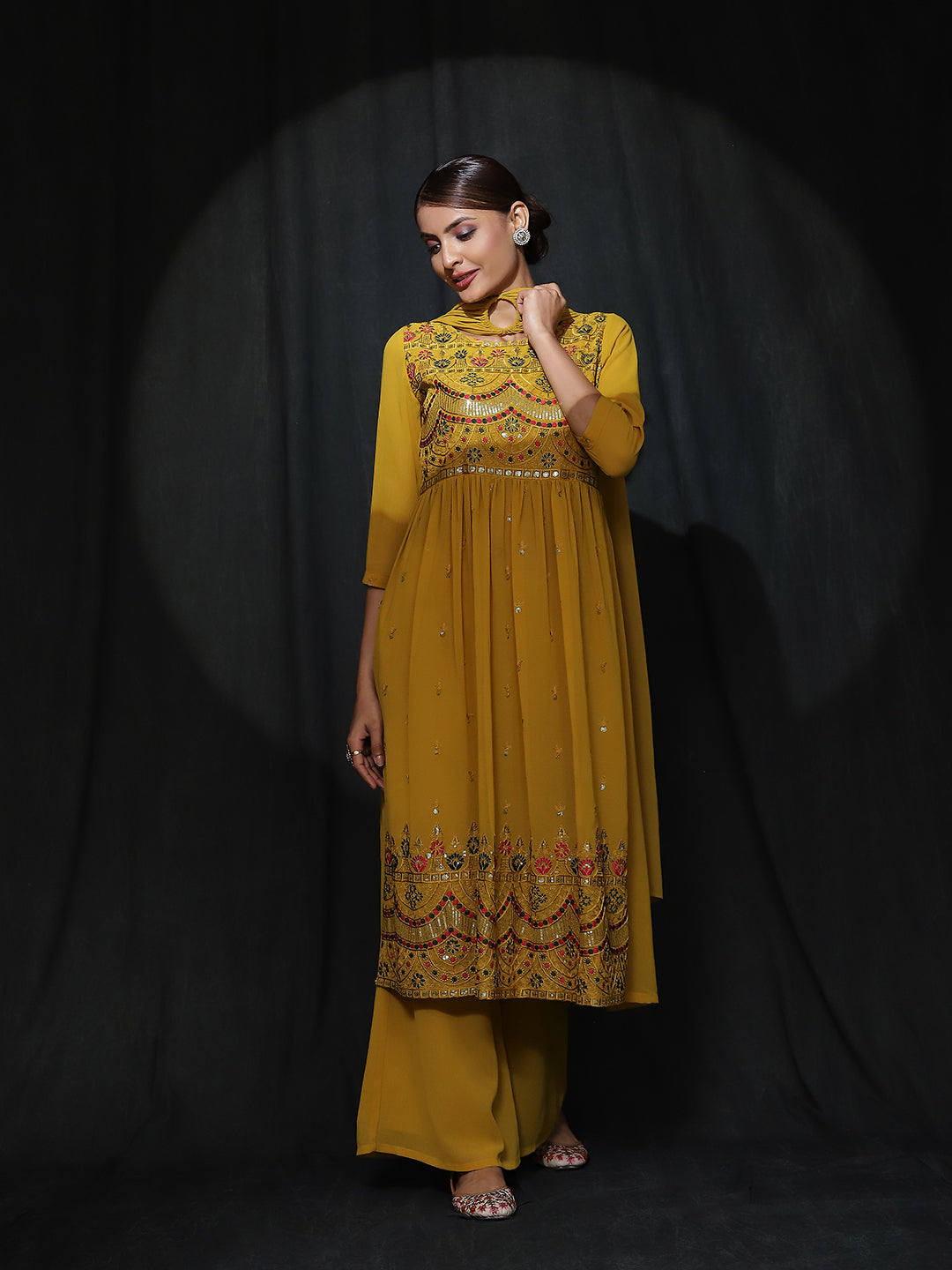 Yellow Embroidered Nyra-Cut Kurta Palazzo With Dupatta