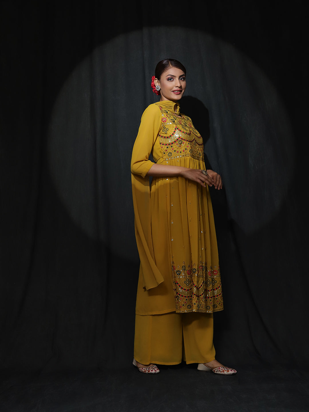 Yellow Embroidered Nyra-Cut Kurta Palazzo With Dupatta