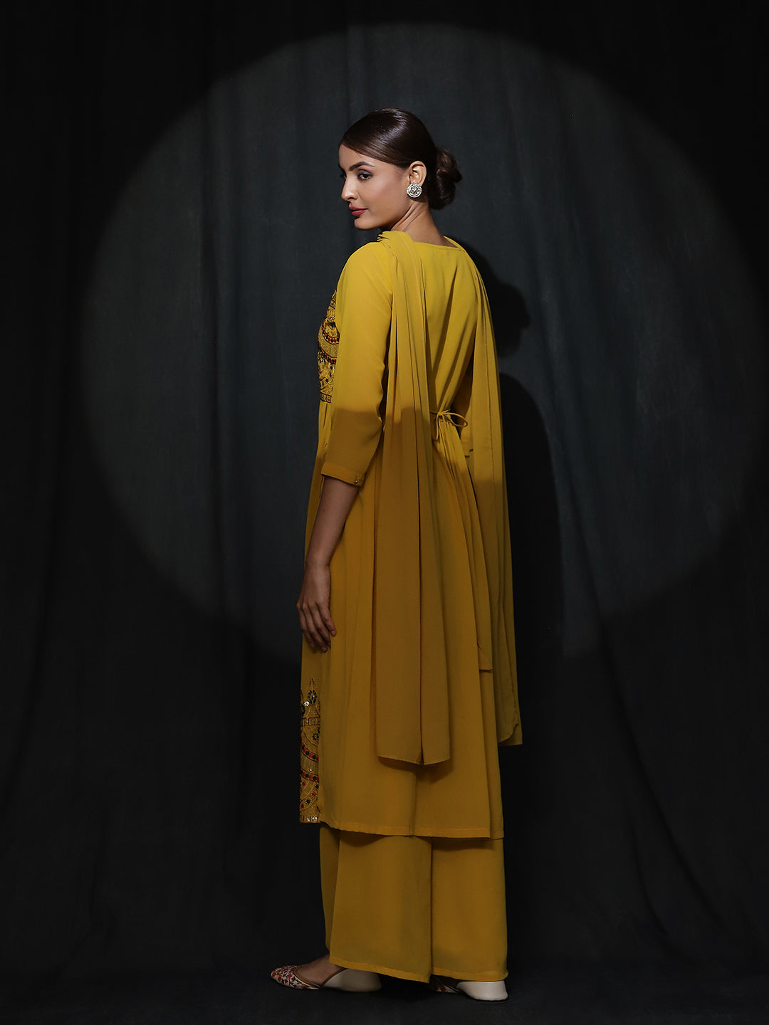 Yellow Embroidered Nyra-Cut Kurta Palazzo With Dupatta