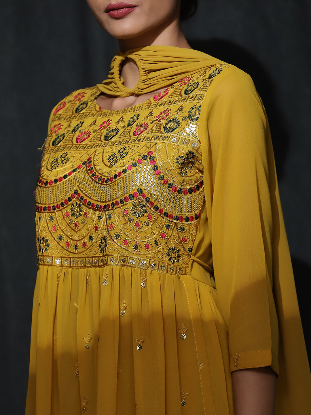 Yellow Embroidered Nyra-Cut Kurta Palazzo With Dupatta