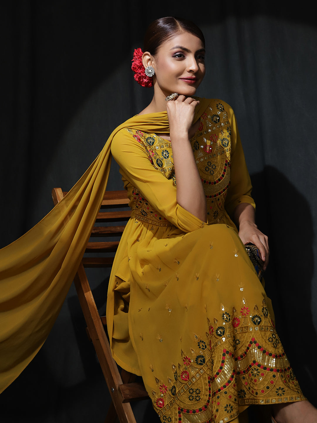 Yellow Embroidered Nyra-Cut Kurta Palazzo With Dupatta