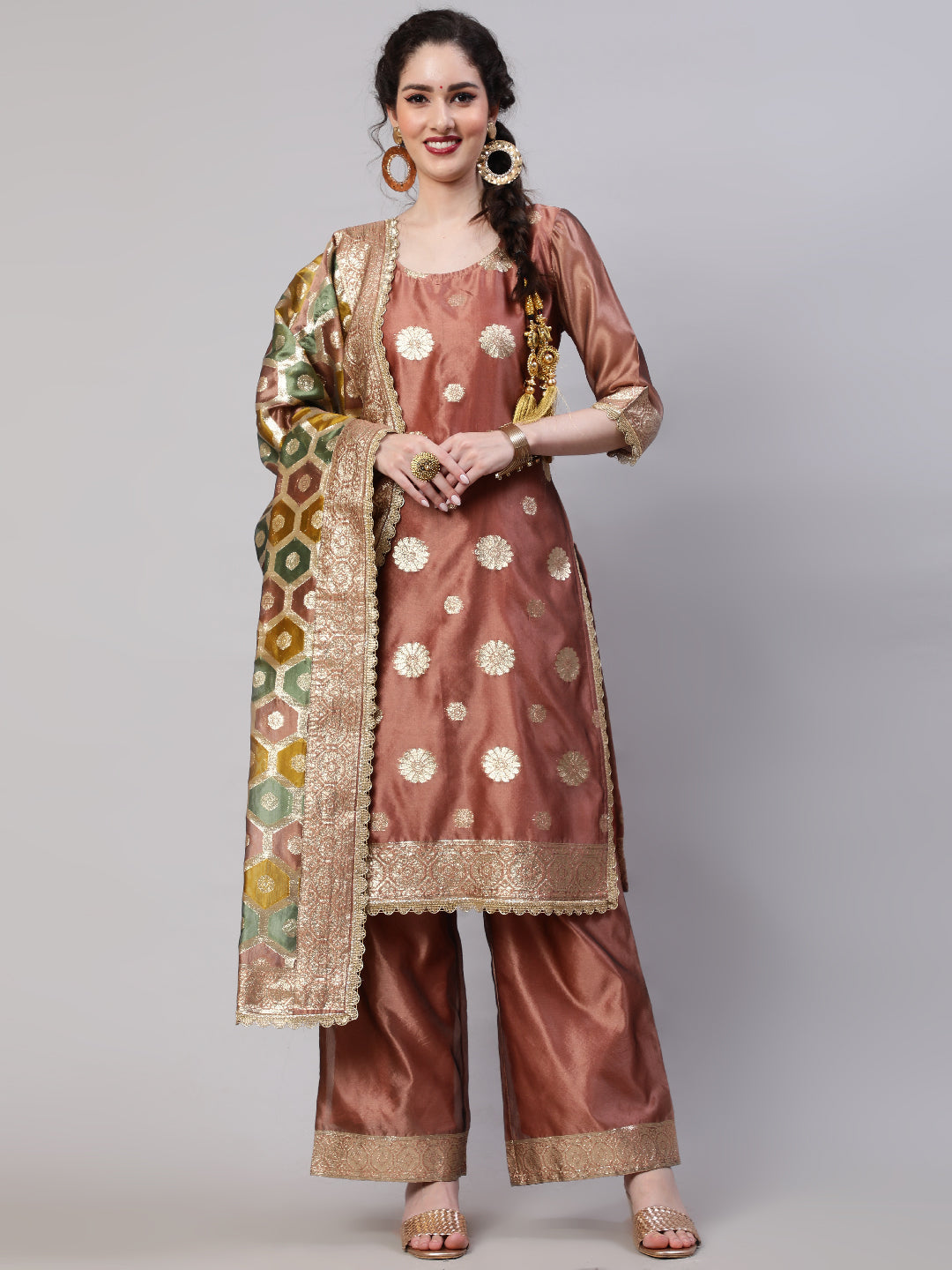 Rose Gold Embellished Kurta Palazzo With Dupatta - Elganza