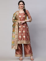 Rose Gold Embellished Kurta Palazzo With Dupatta - Elganza