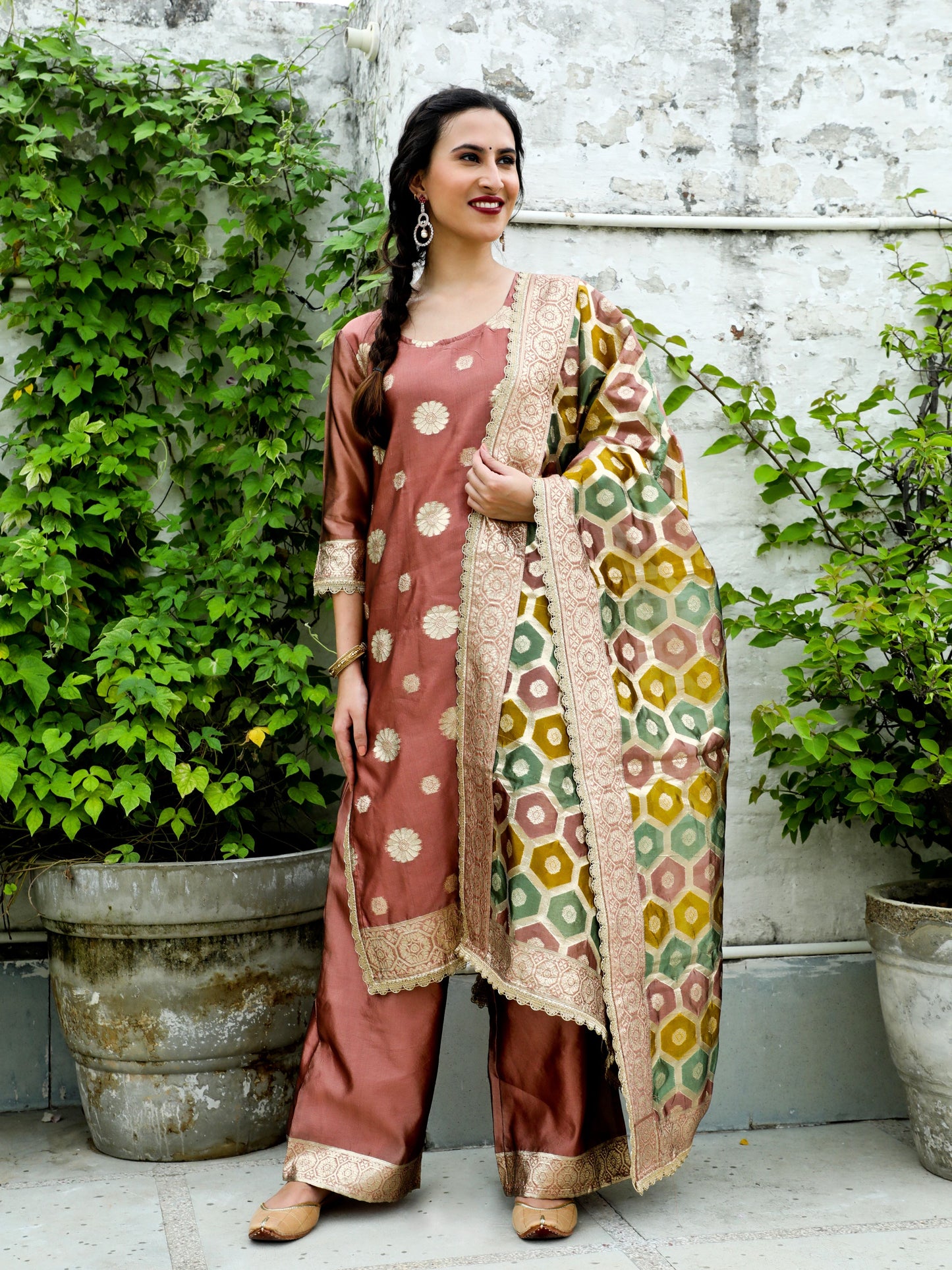 Rose Gold Embellished Kurta Palazzo With Dupatta - Elganza