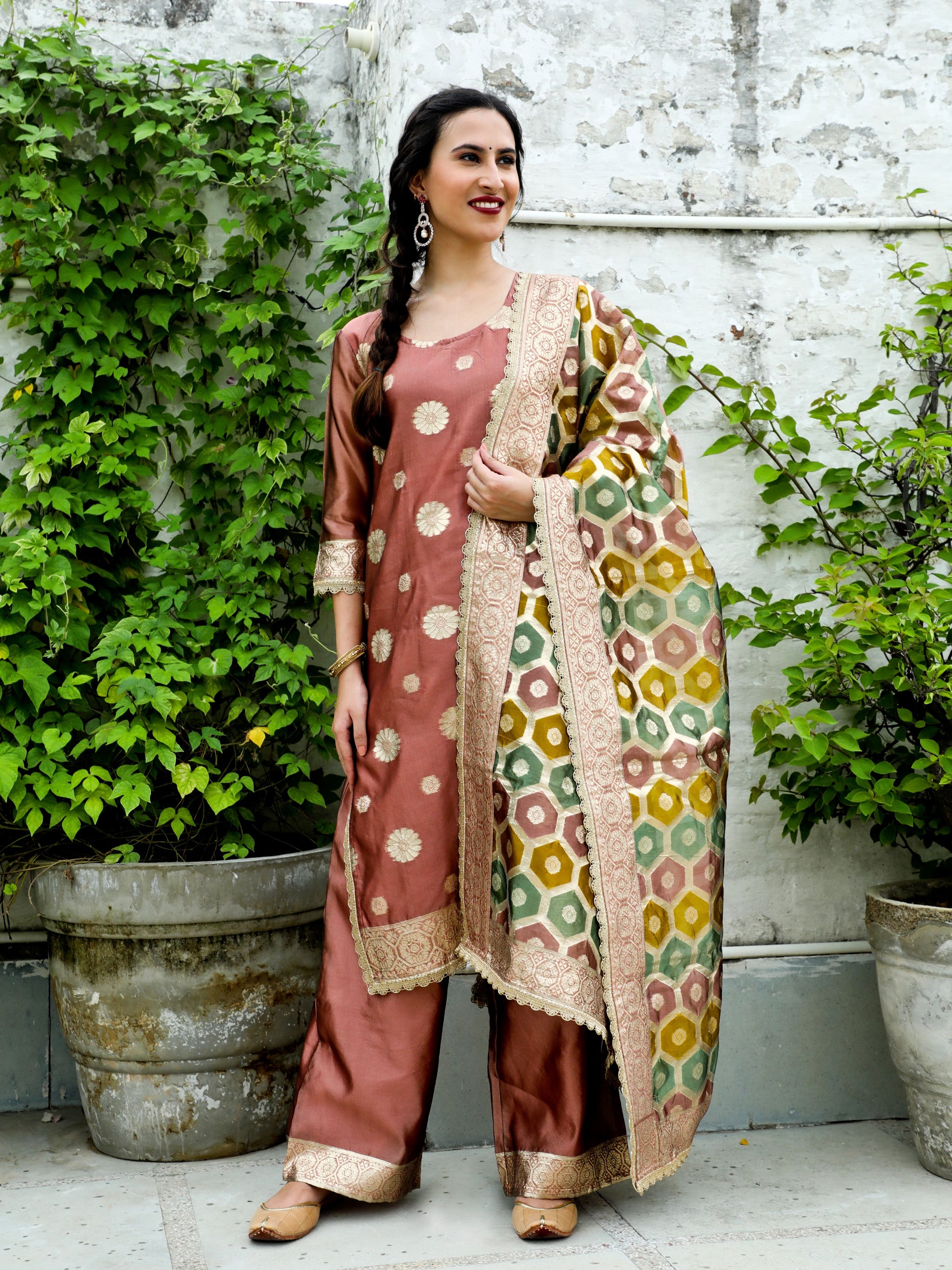 Rose Gold Embellished Kurta Palazzo With Dupatta - Elganza