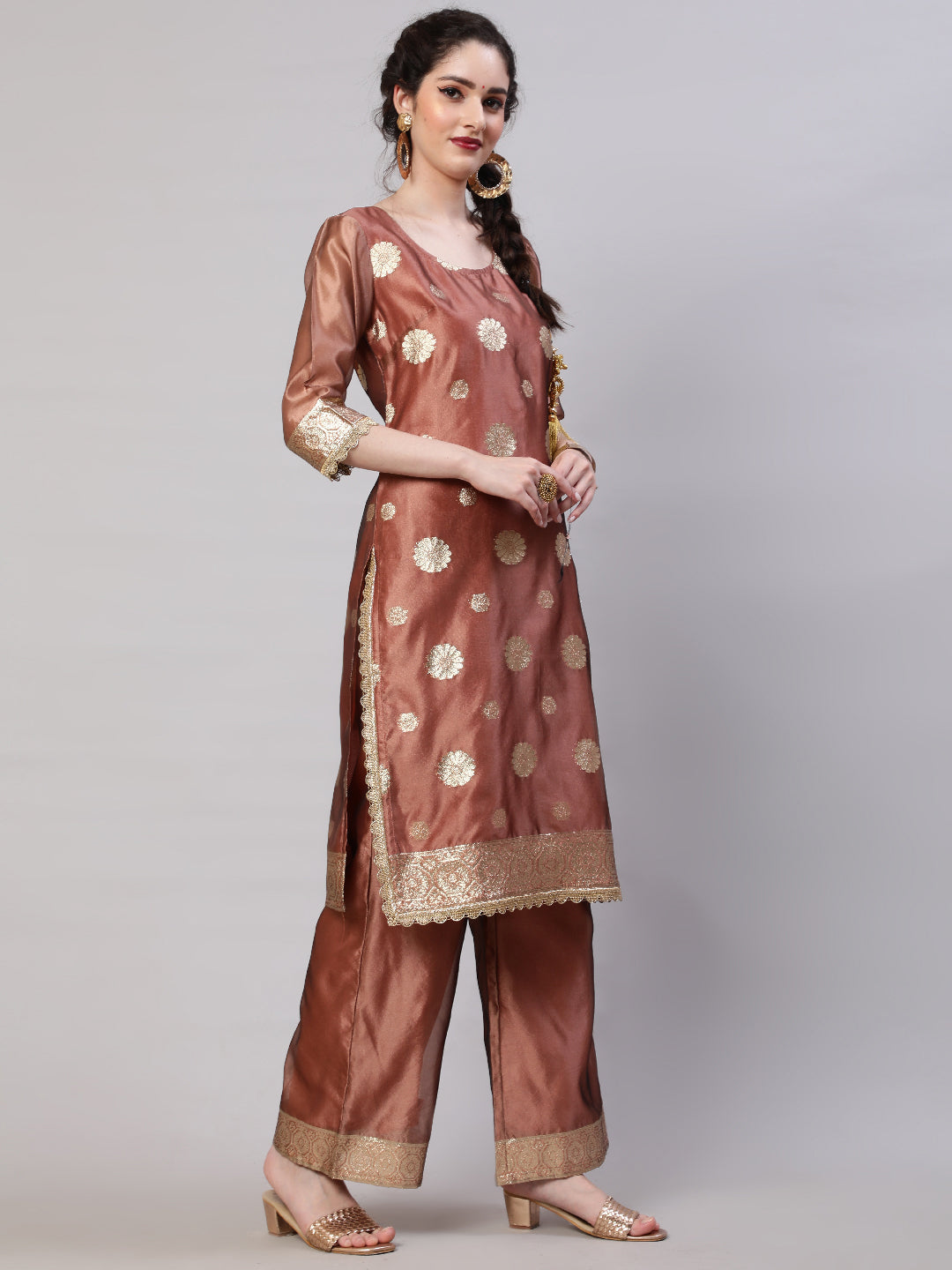 Rose Gold Embellished Kurta Palazzo With Dupatta - Elganza