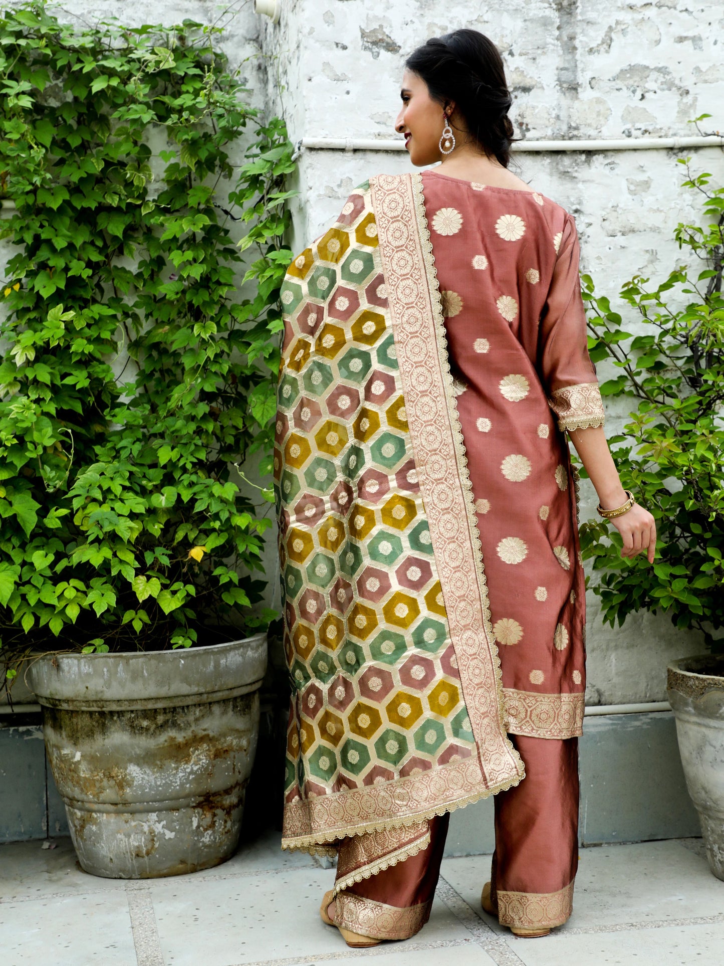 Rose Gold Embellished Kurta Palazzo With Dupatta - Elganza