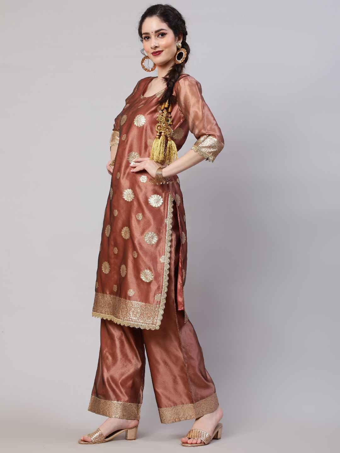 Rose Gold Embellished Kurta Palazzo With Dupatta - Elganza