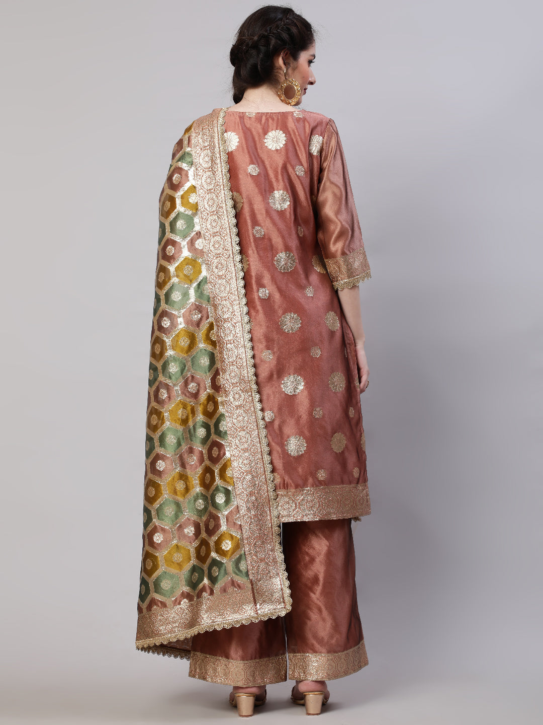 Rose Gold Embellished Kurta Palazzo With Dupatta - Elganza