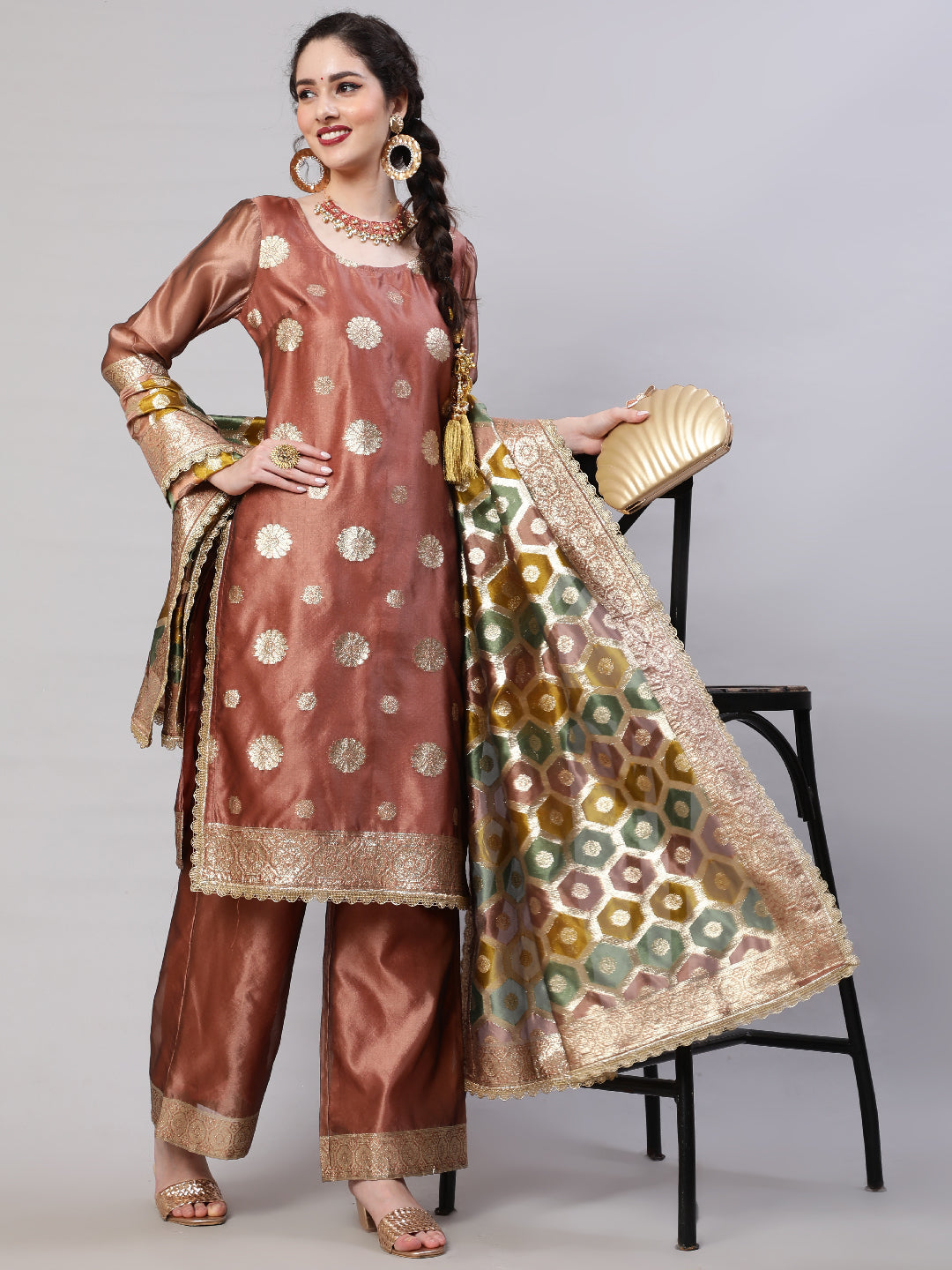 Rose Gold Embellished Kurta Palazzo With Dupatta - Elganza