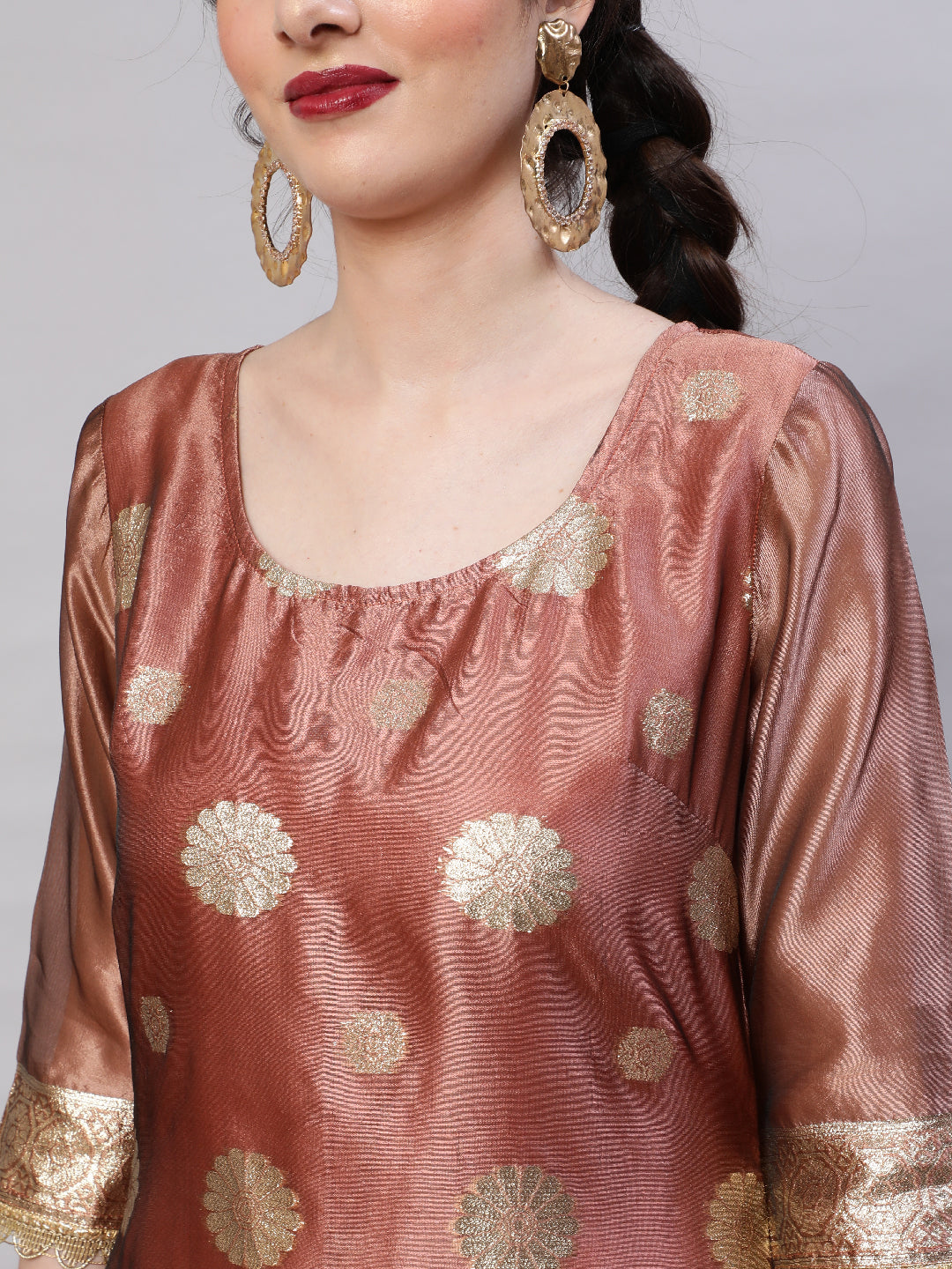 Rose Gold Embellished Kurta Palazzo With Dupatta - Elganza