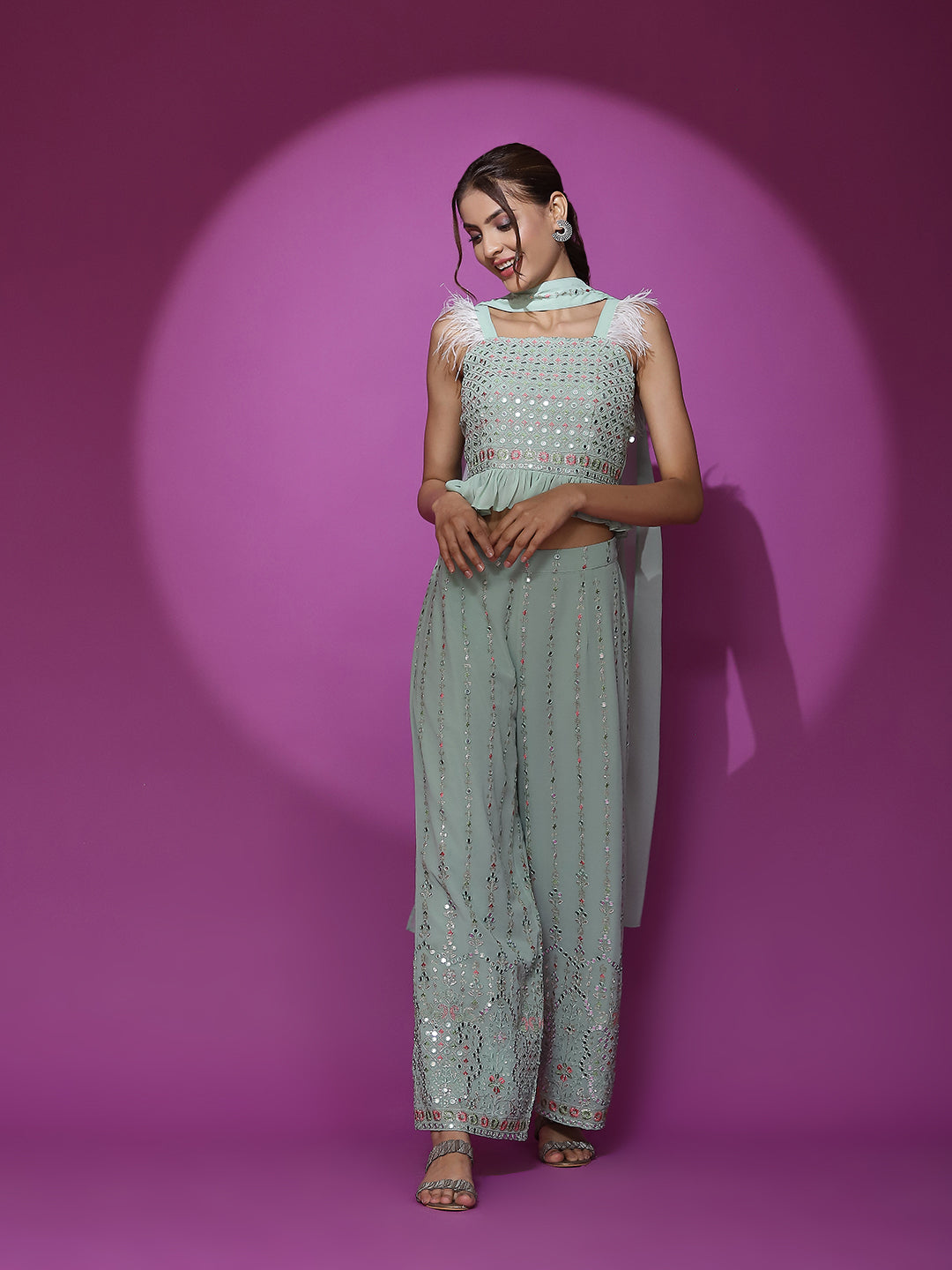 Sea Green Embroidered Co-Ords Set - Elganza