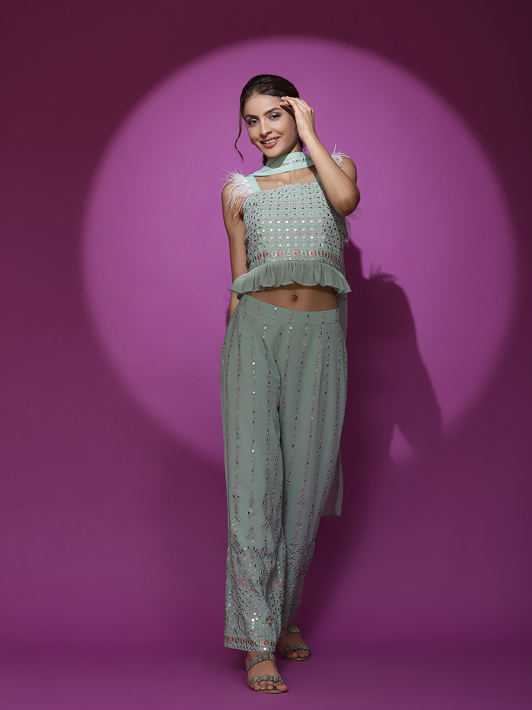 Sea Green Embroidered Co-Ords Set - Elganza