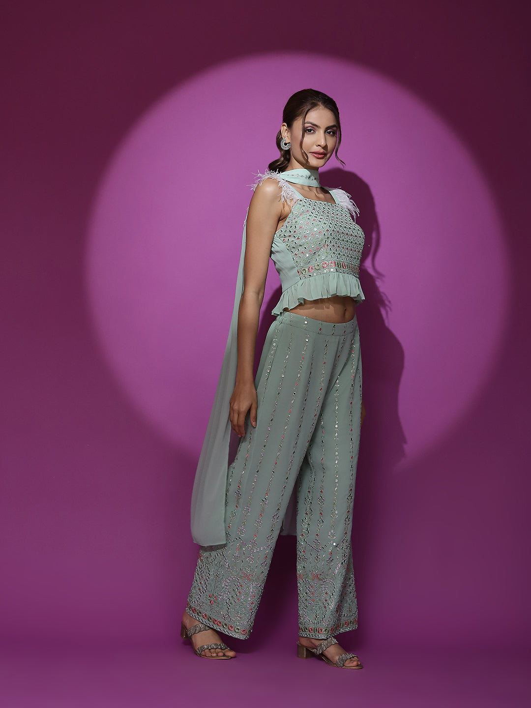Sea Green Embroidered Co-Ords Set - Elganza