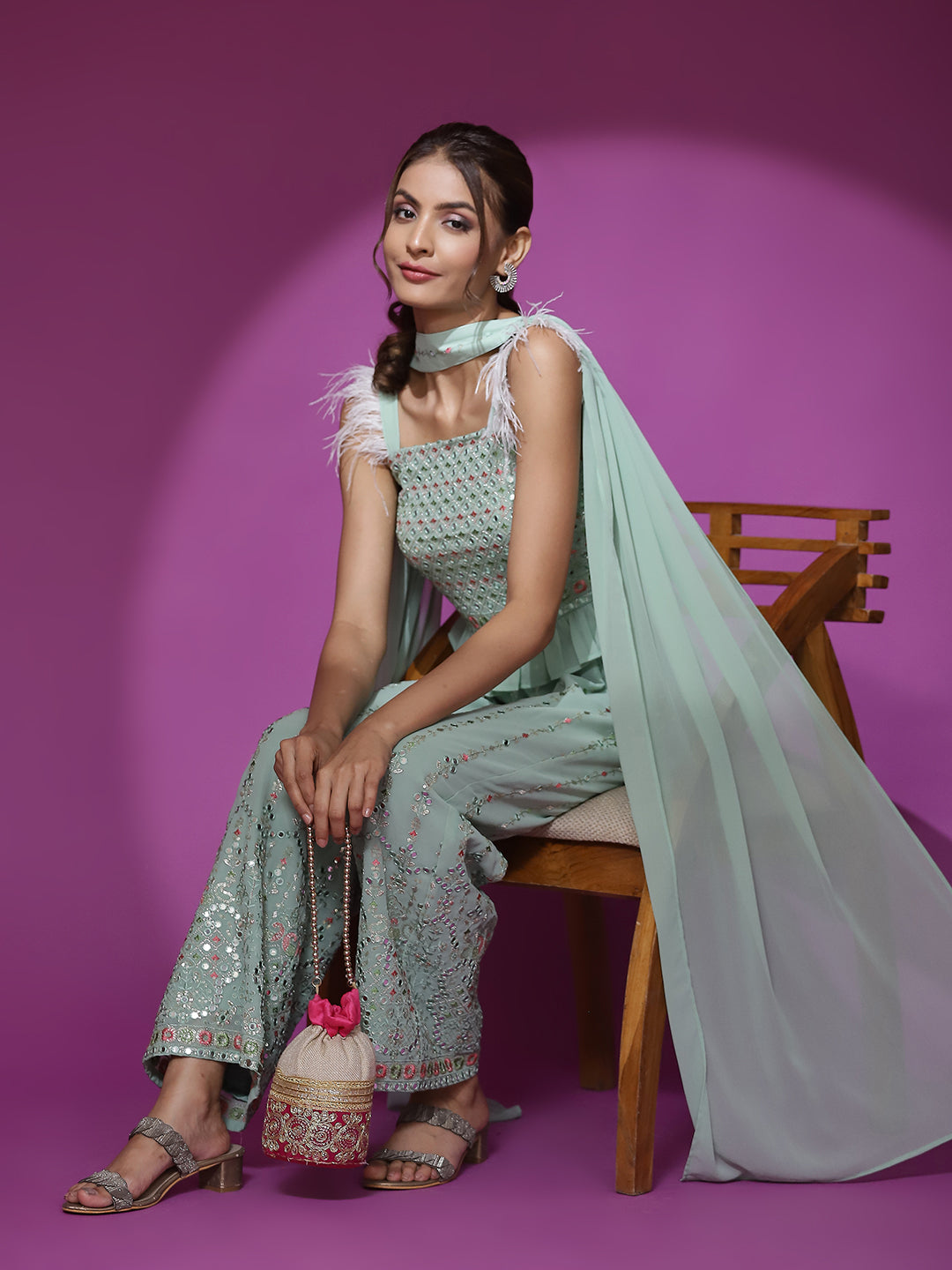 Sea Green Embroidered Co-Ords Set - Elganza