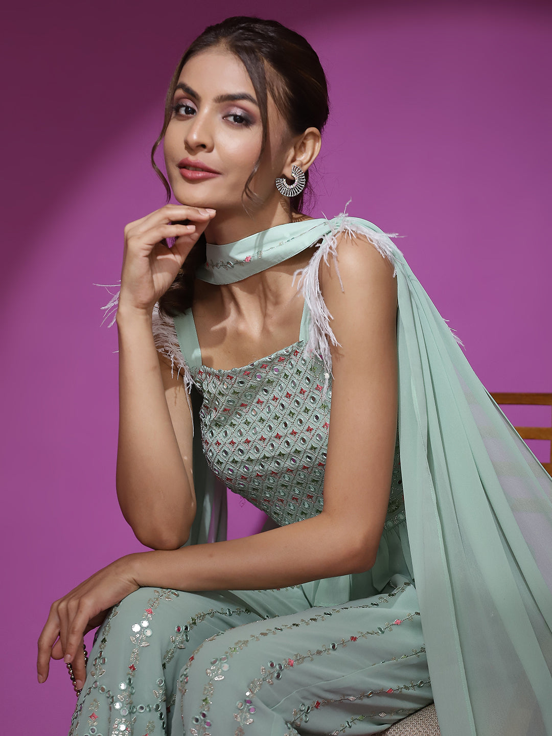 Sea Green Embroidered Co-Ords Set - Elganza