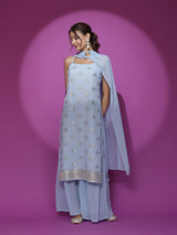Blue Embroidered Kurta Sharara With Dupatta - Elganza