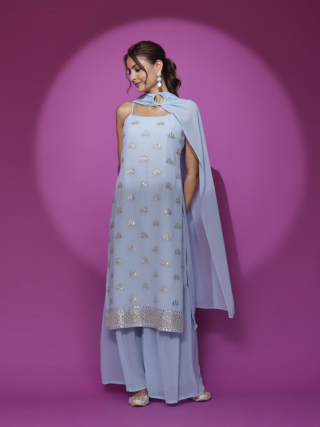 Blue Embroidered Kurta Sharara With Dupatta - Elganza