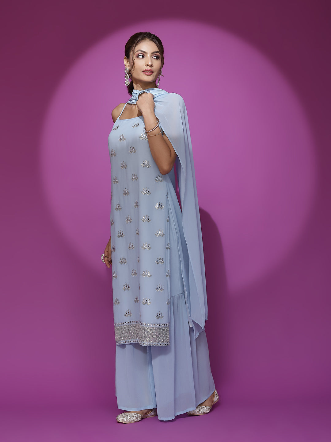 Blue Embroidered Kurta Sharara With Dupatta - Elganza