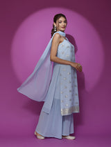 Blue Embroidered Kurta Sharara With Dupatta - Elganza