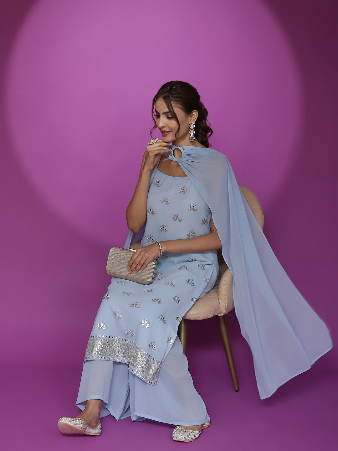 Blue Embroidered Kurta Sharara With Dupatta - Elganza