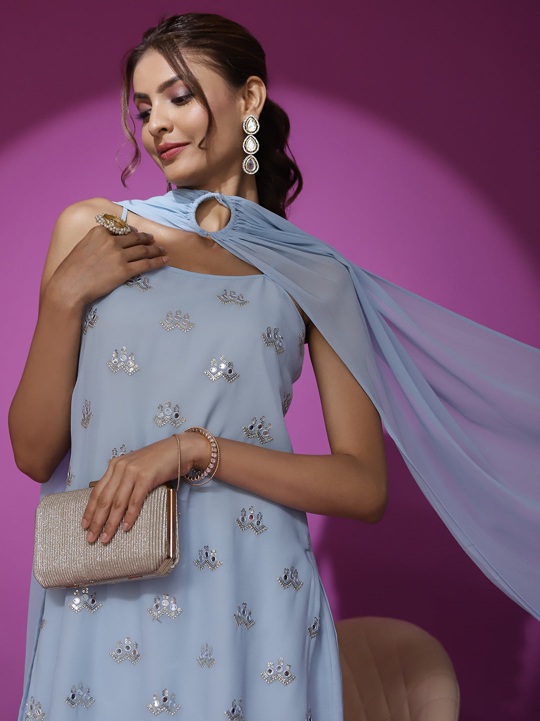 Blue Embroidered Kurta Sharara With Dupatta - Elganza
