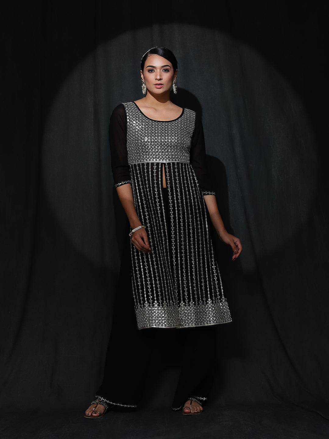 Black Sequin Kurta With Palazzo - Elganza